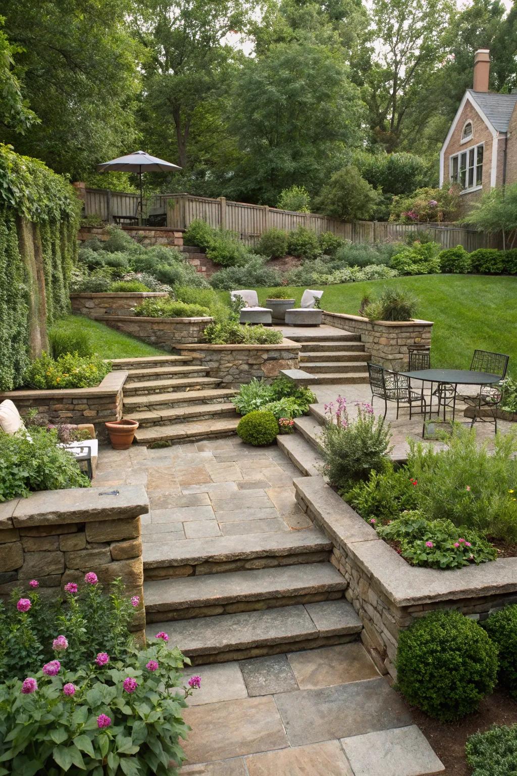 A multi-level sunken garden with inviting steps and greenery.