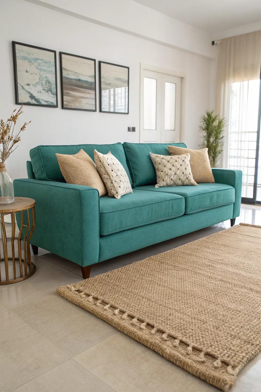 A teal sofa complemented by beige accents creates a stylish focal point.