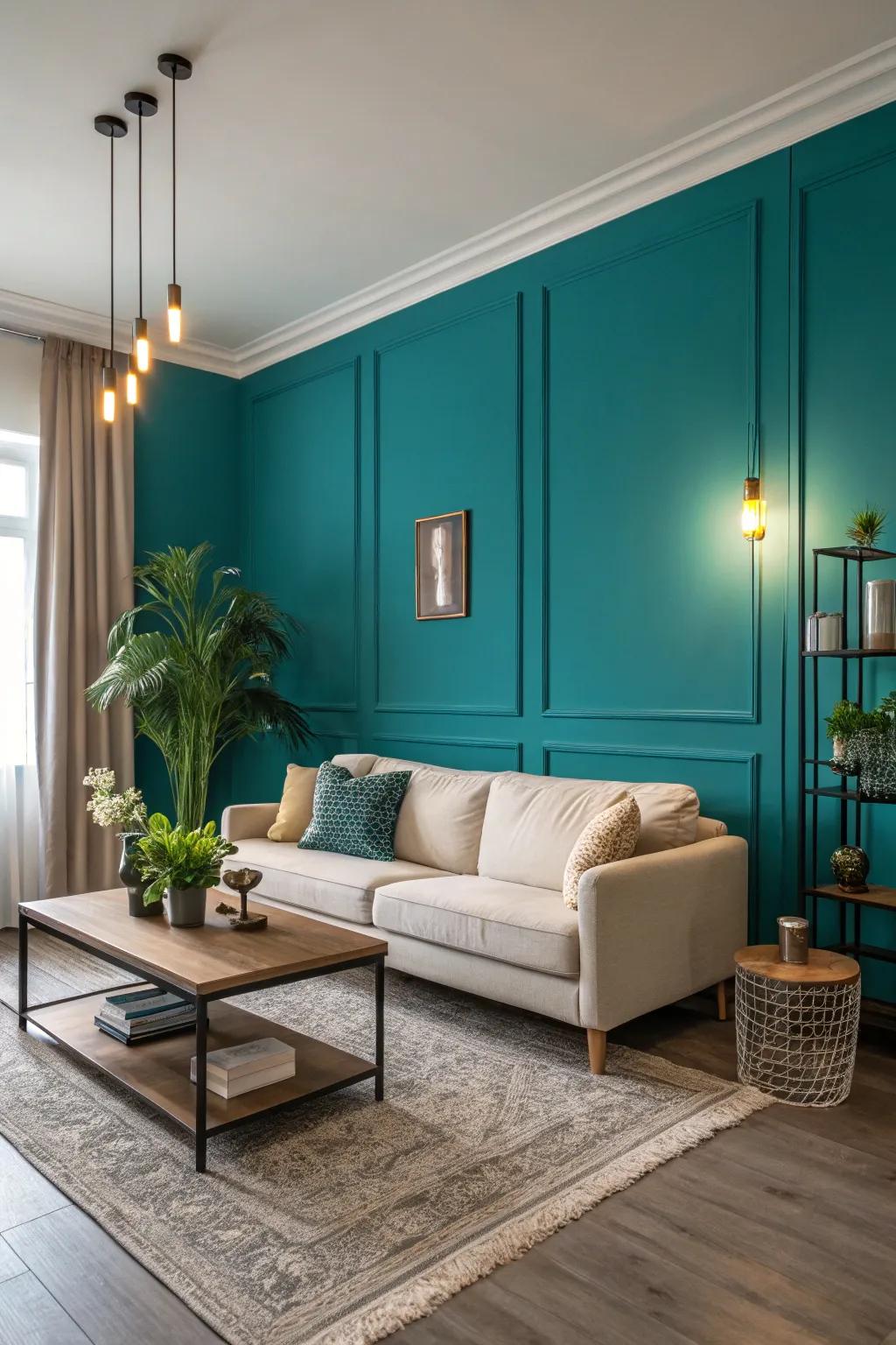 A bold teal accent wall adds depth and sophistication to this living room.