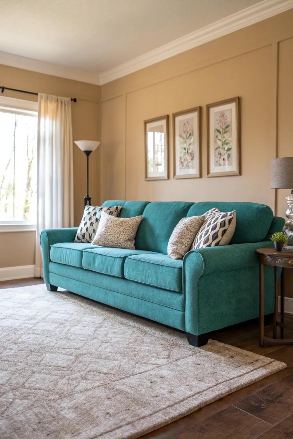 A warm neutral palette beautifully balances the boldness of a teal sofa.