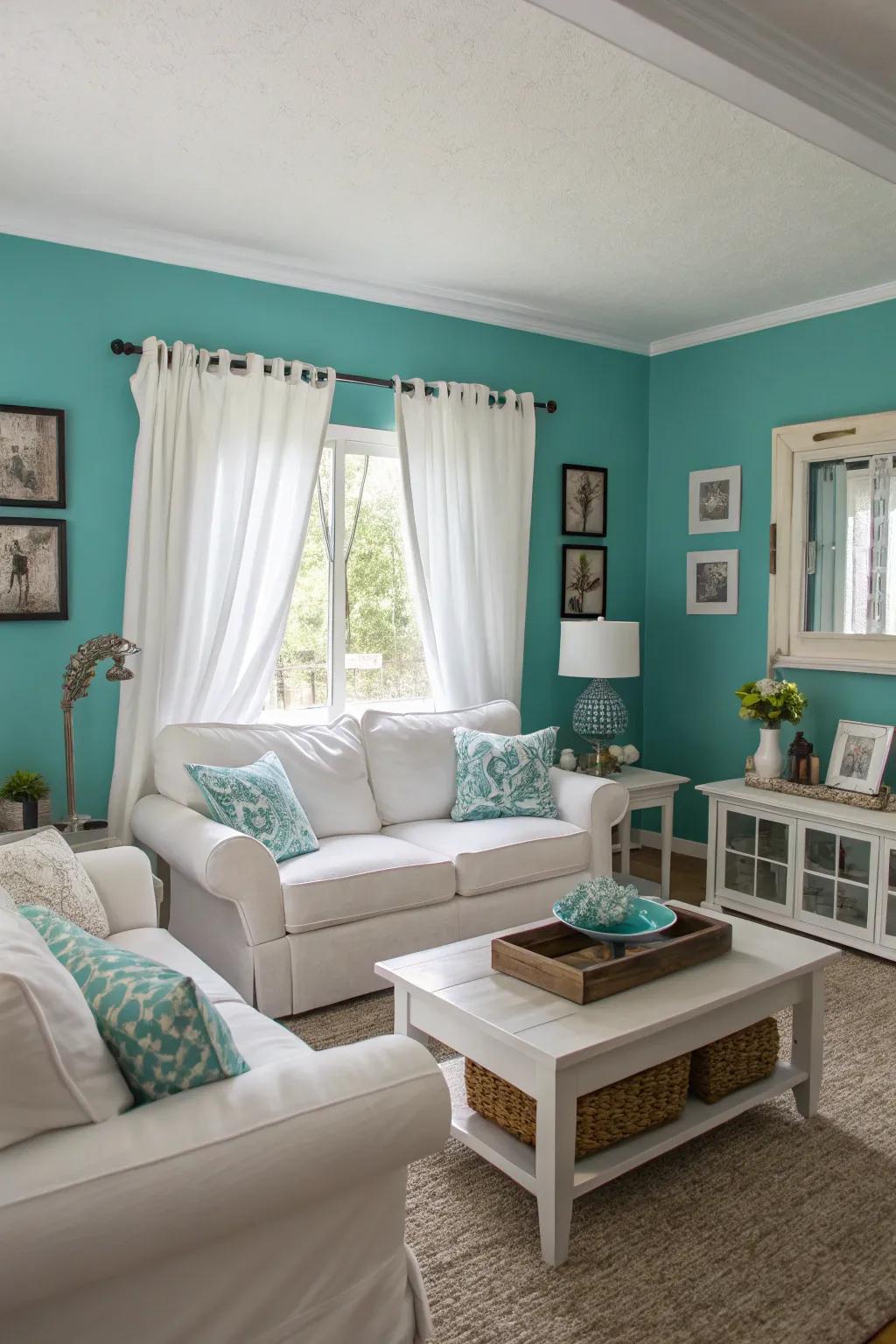 Teal walls create a statement of boldness, made balanced with sharp ivory accents.