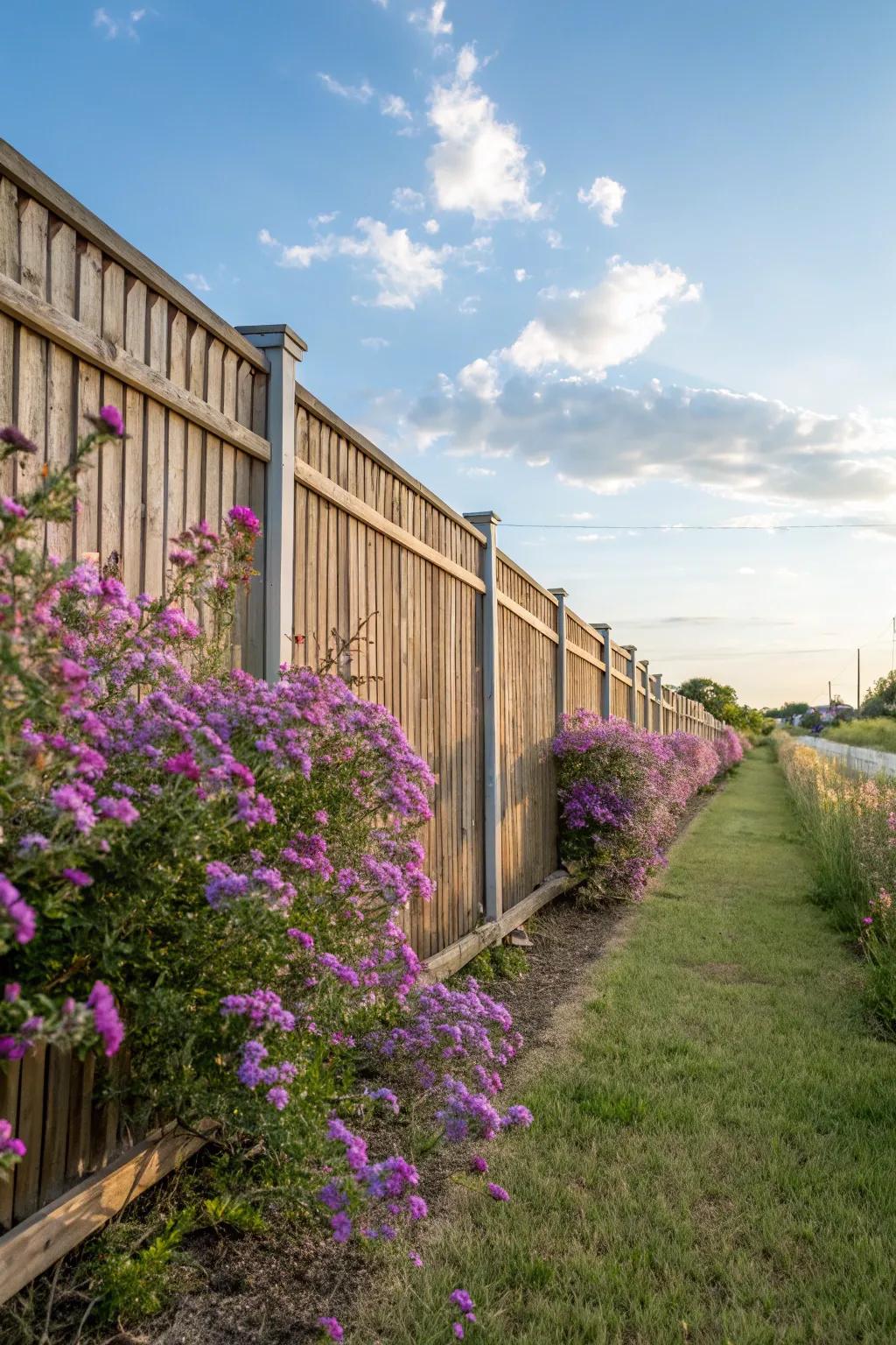 Texas sage adds a splash of color along garden fences.