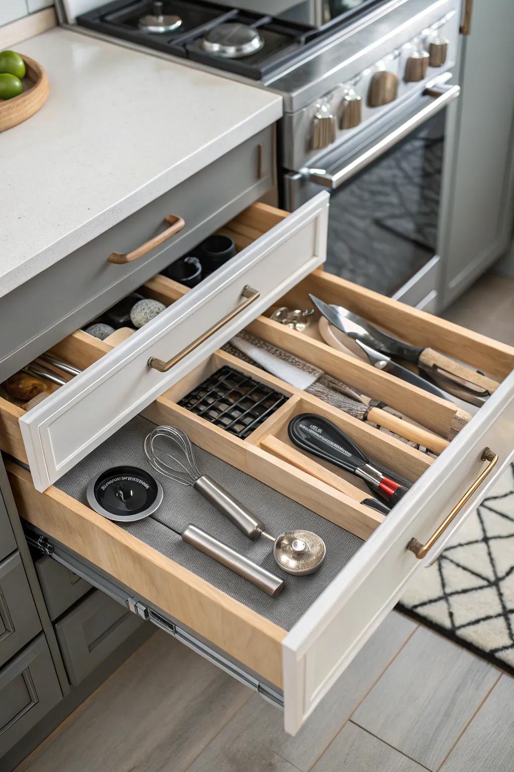 Well-ordered pull-out drawers in a sleek kitchen.