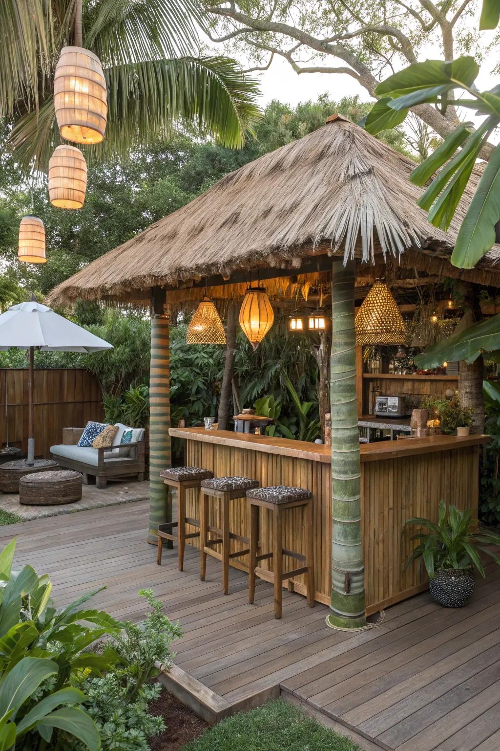A thatched roof introduces genuine tropical flair to your tiki haven.