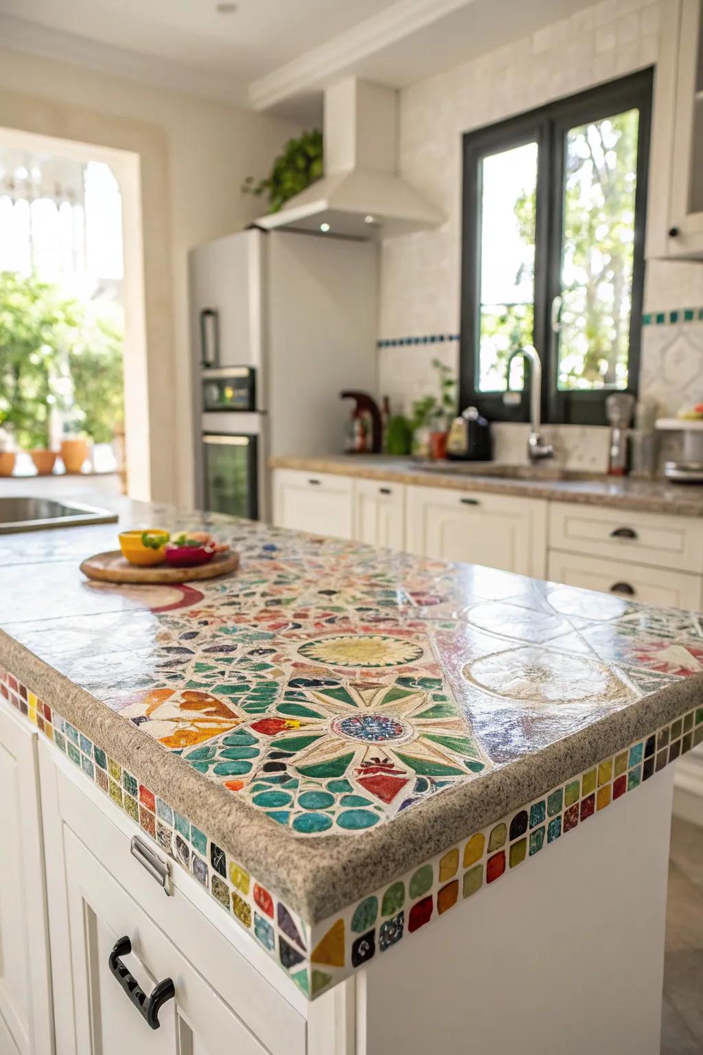 Mosaic tiles bring an artistic touch to this bright kitchen.
