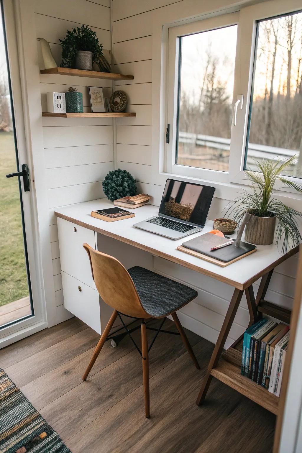 Corner desks excel at leveraging the most from scarce space in tiny house offices.