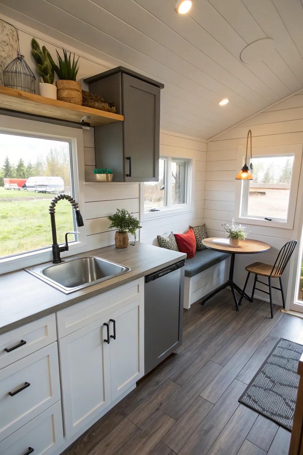 A modern tiny house kitchen enhancing the corner space with a stylish sink.