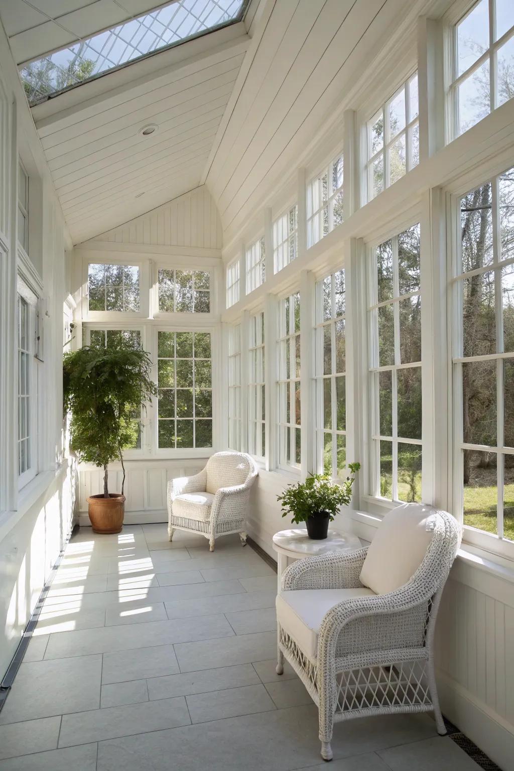A sunroom painted in classic white, accentuating natural light and creating a clean, open space.