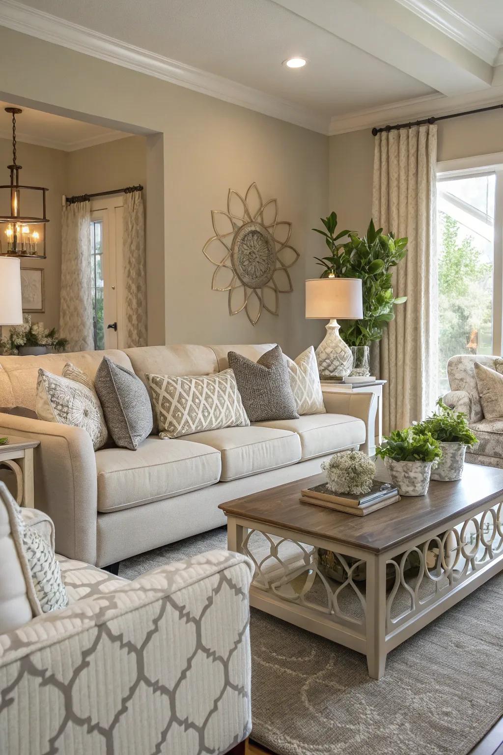 Neutral tones create a serene and versatile living room atmosphere.