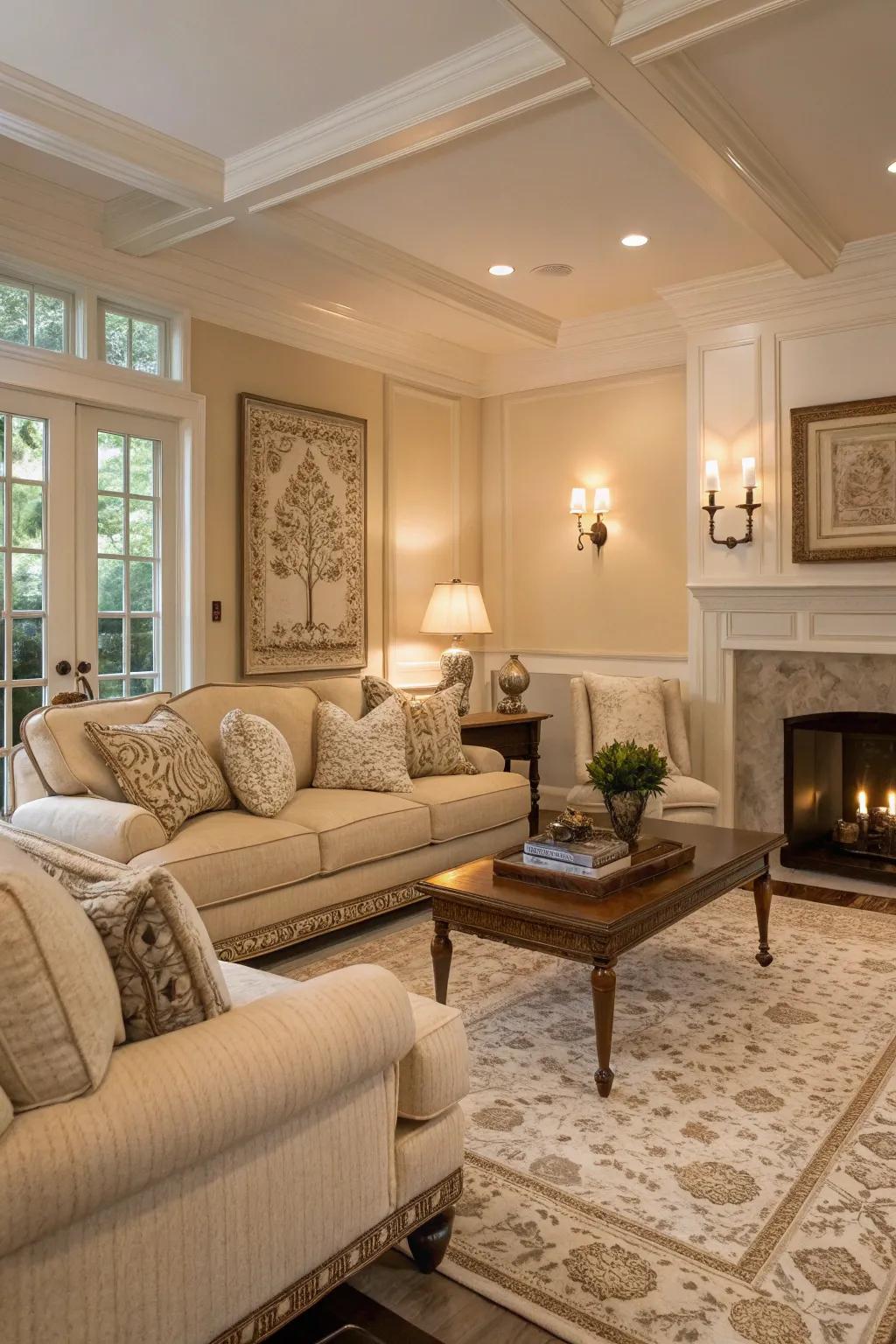 A tranquil traditional living room featuring a neutral color scheme.