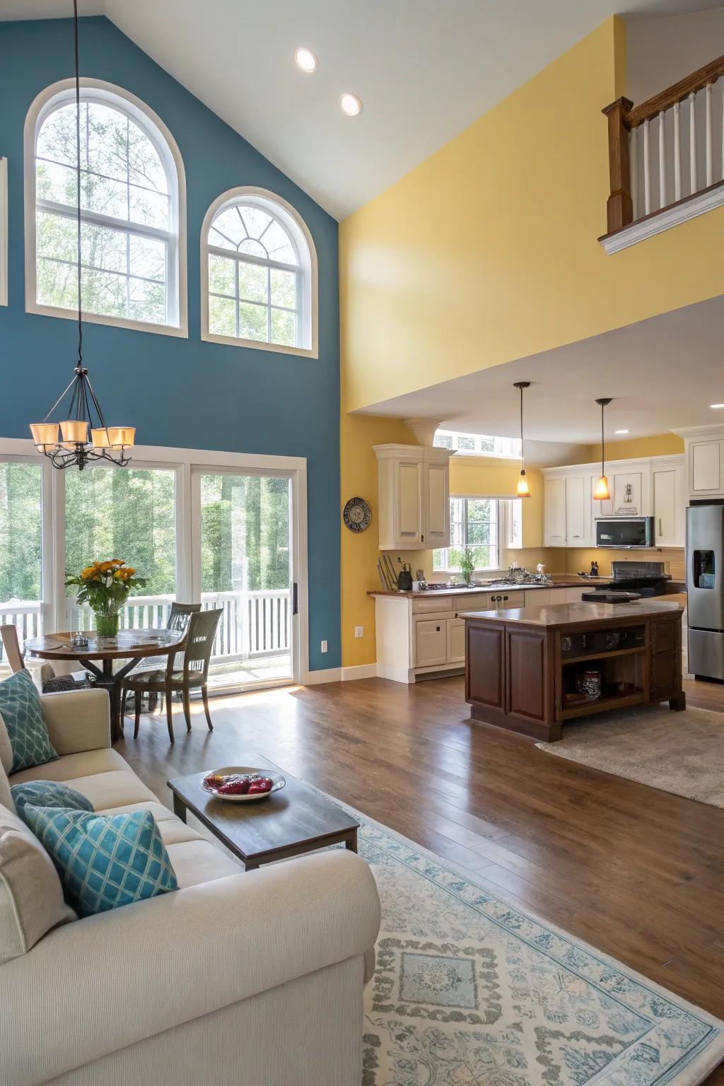The kitchen and living area are smoothly connected by matching hues.