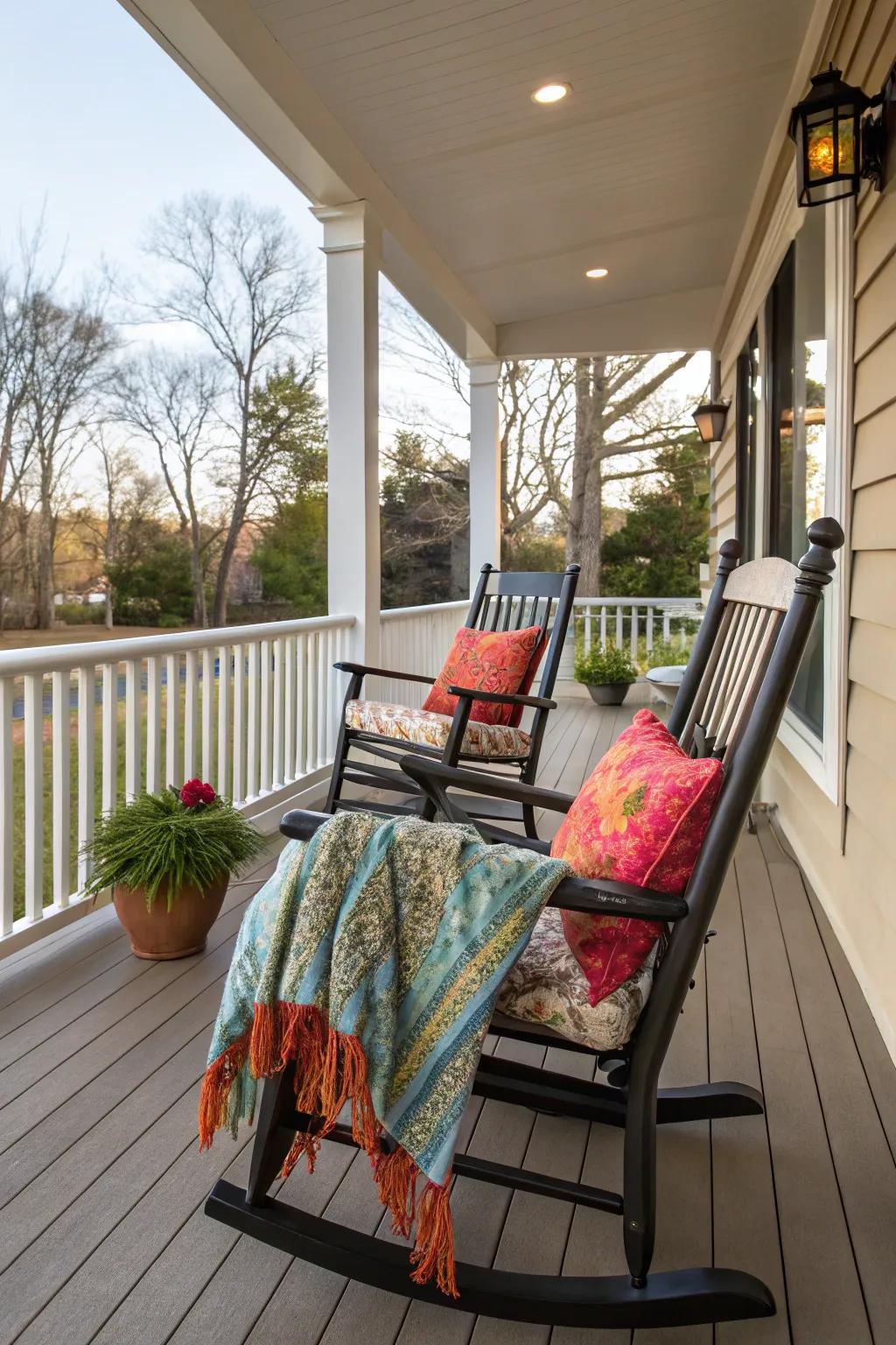 Create a comfortable seating area with rocking chairs and vibrant cushions.
