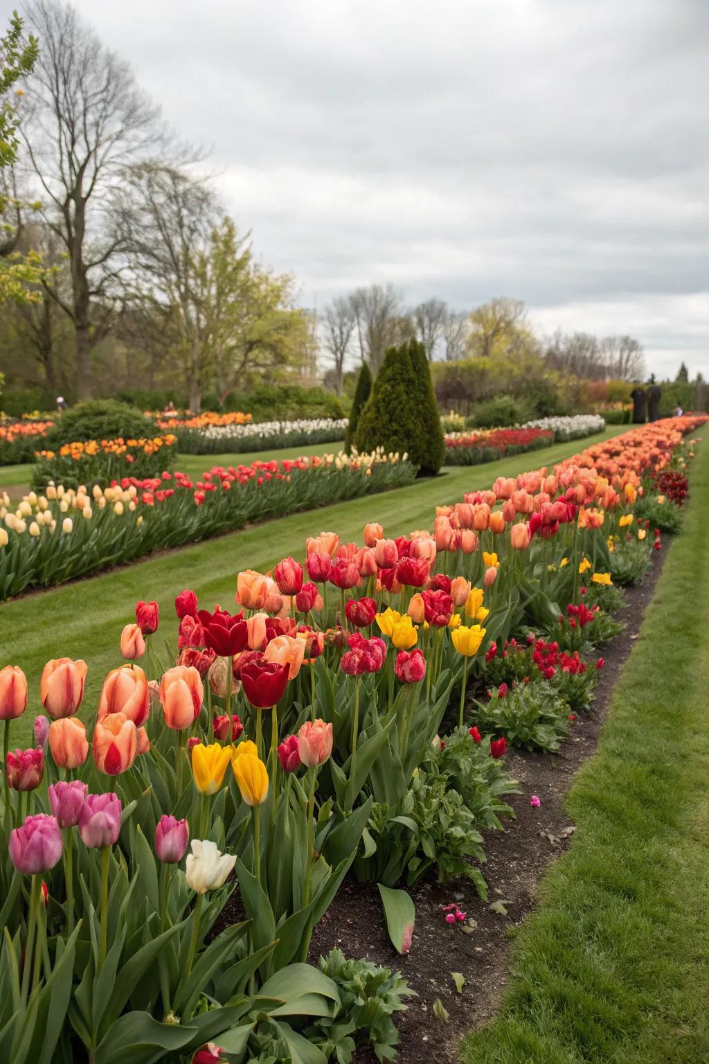 A garden bed filled with dense clusters of vibrant tulips in a variety of colors.