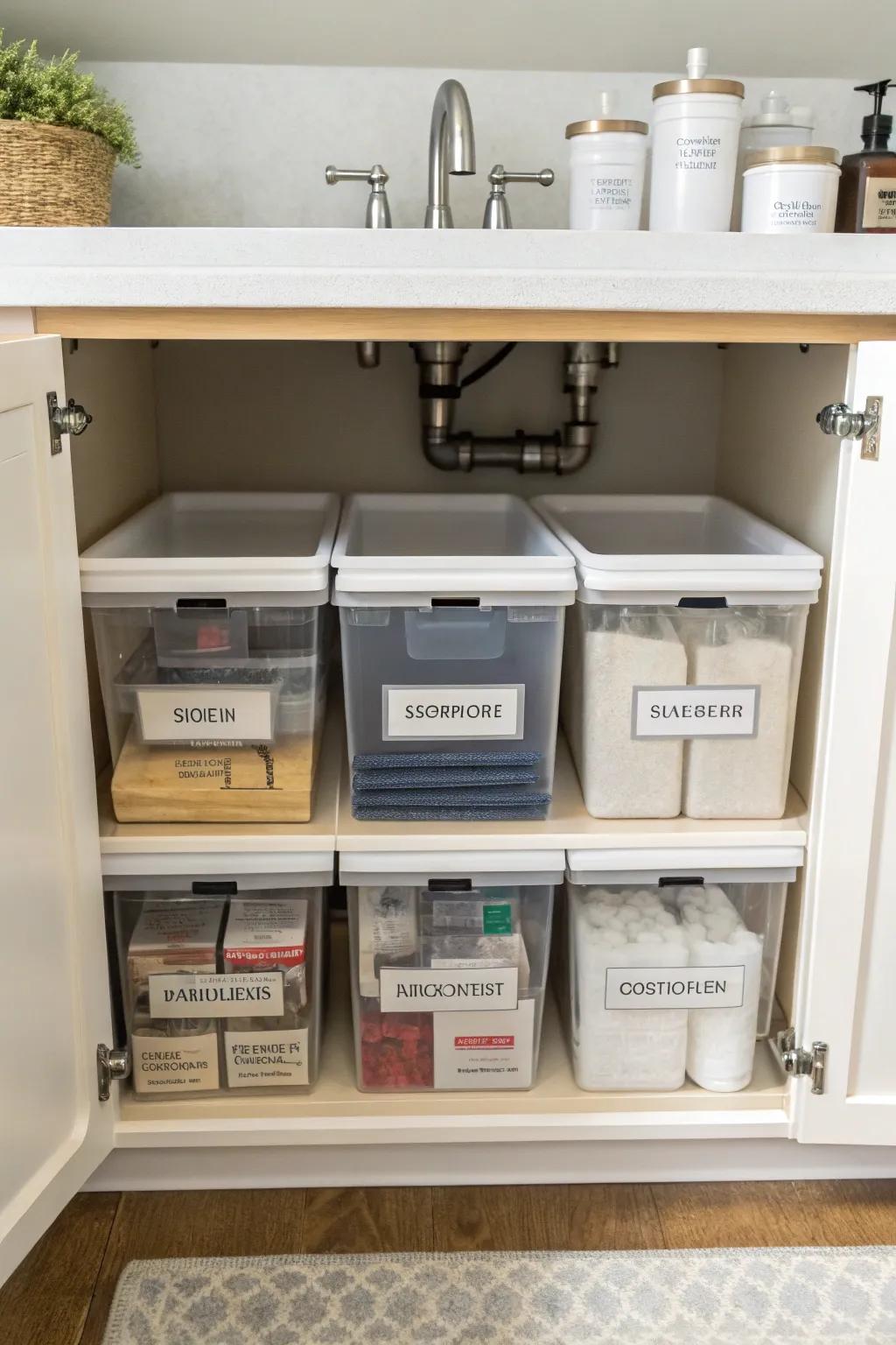 Clear storage bins make it easy to see and grab what you need.