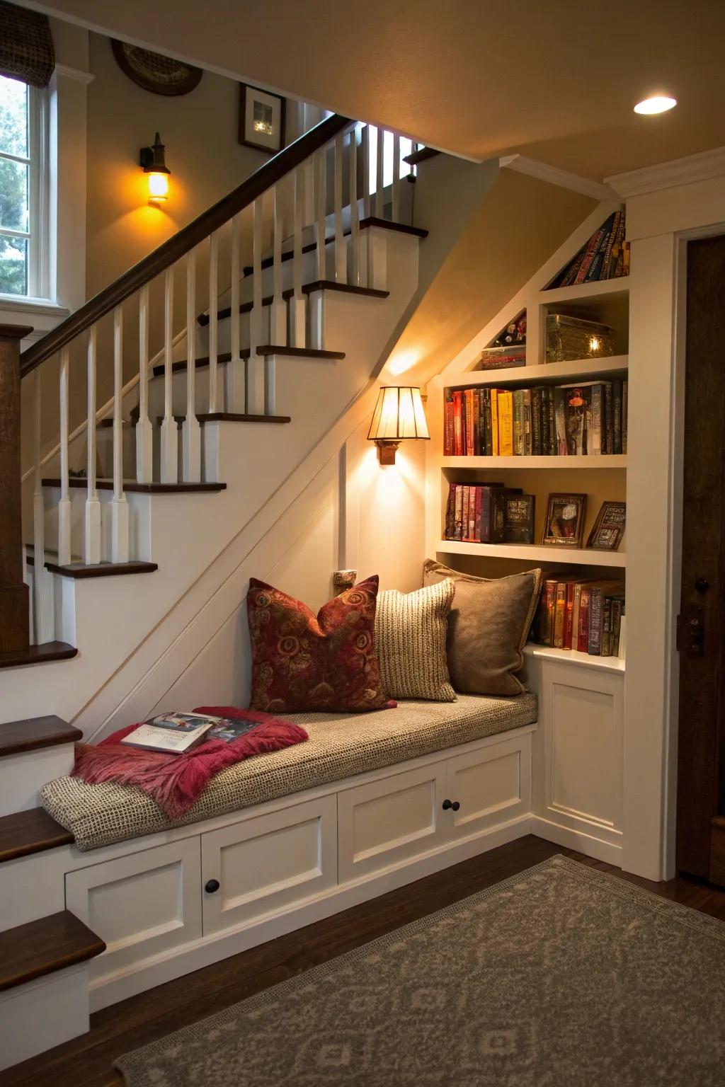 A cozy reading nook tucked under the stairs.