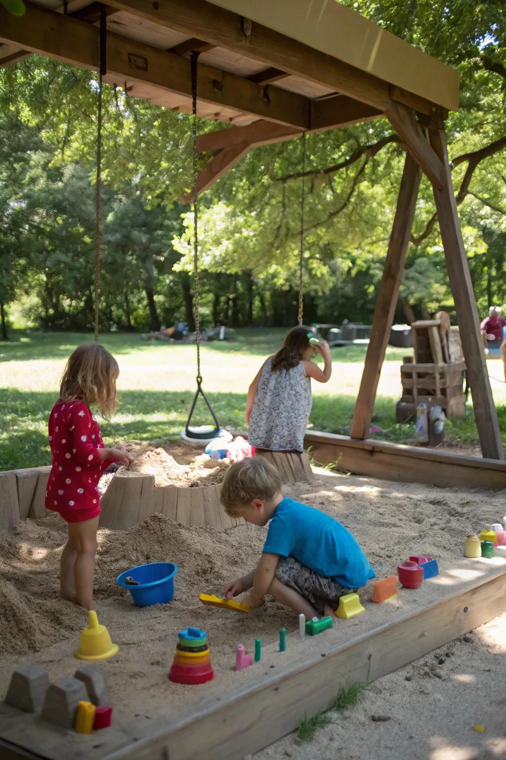 A modest sandpit turns a spot to a space for creative play.