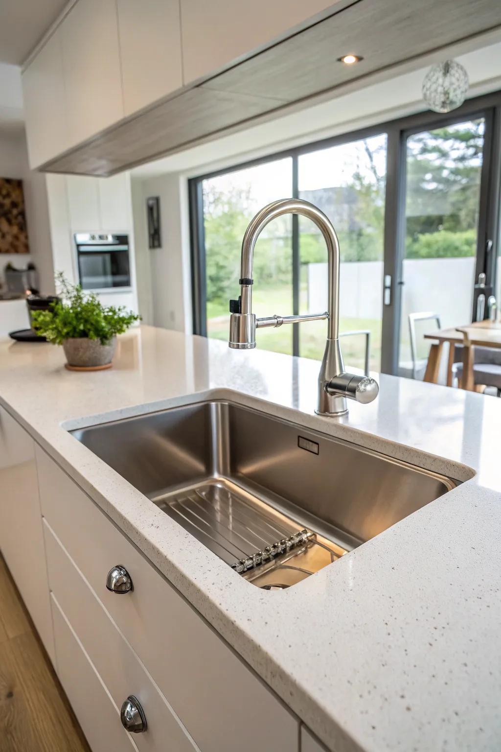 A stainless steel undermount sink in a modern kitchen layout.