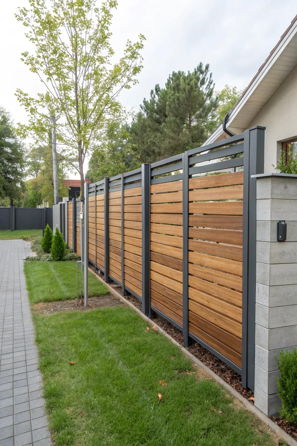 A sophisticated fence showcases a fusion of steel and timber for a contemporary appeal.