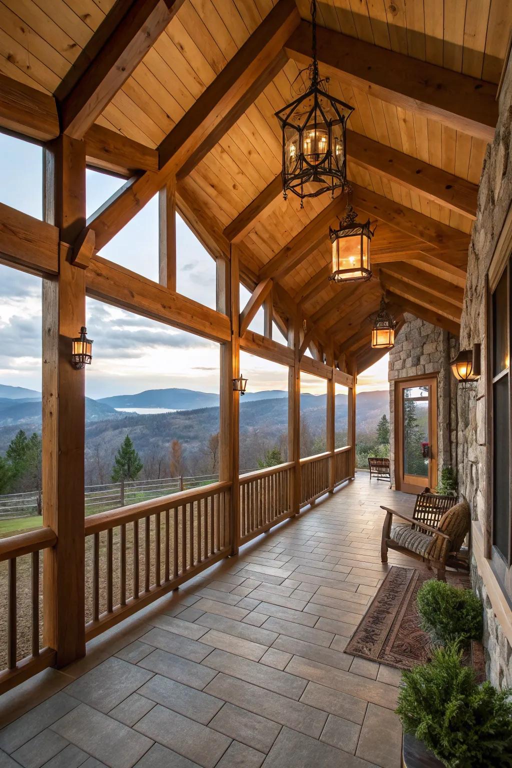 Embrace rustic charm with exposed wooden beams on your porch ceiling.