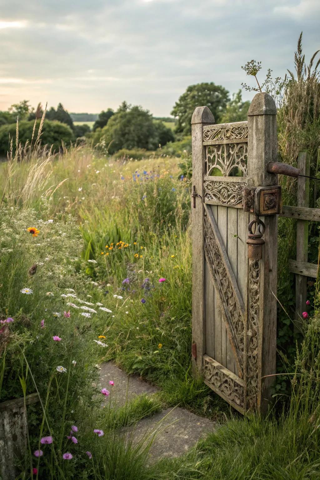 A country-style timber gate radiating timeless charm in any garden setting.