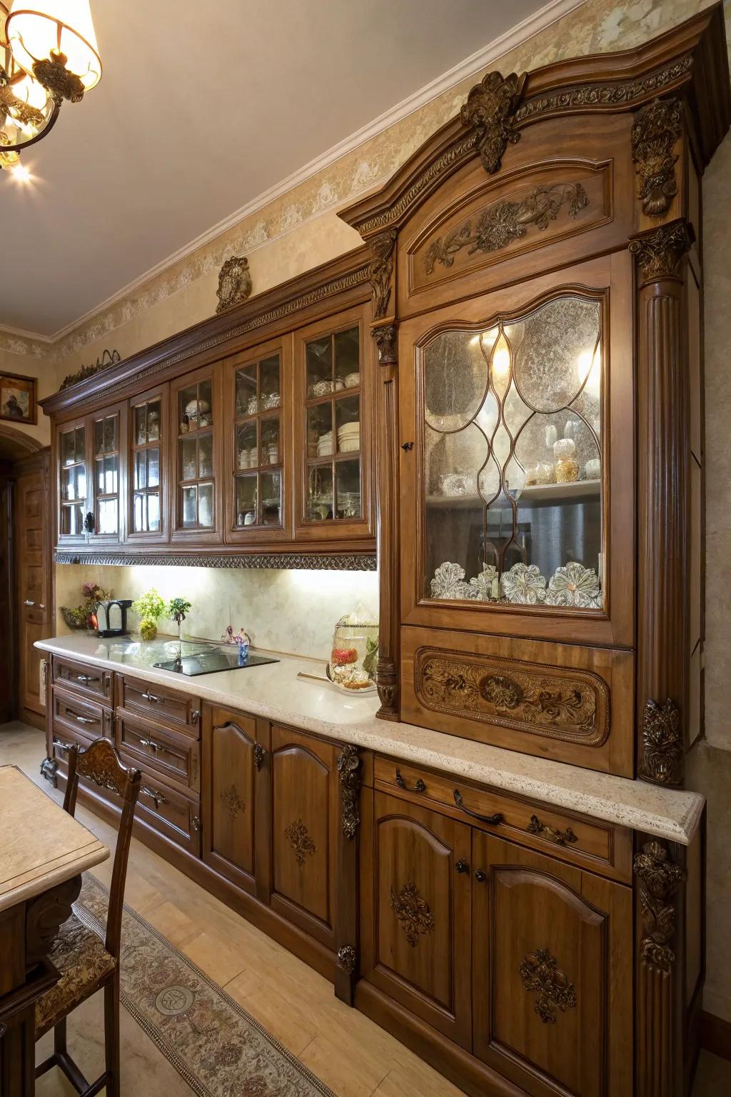Elaborate cabinetry with intricate craftsmanship sets the stage for a Victorian kitchen.