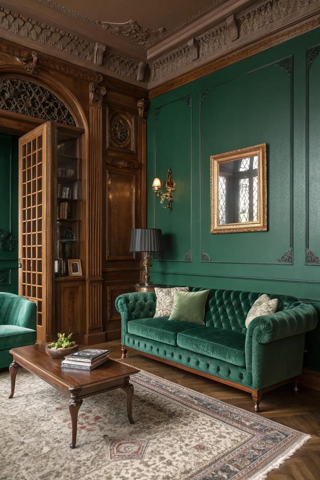 An elegant living room adorned with emerald green walls and plush furnishings.