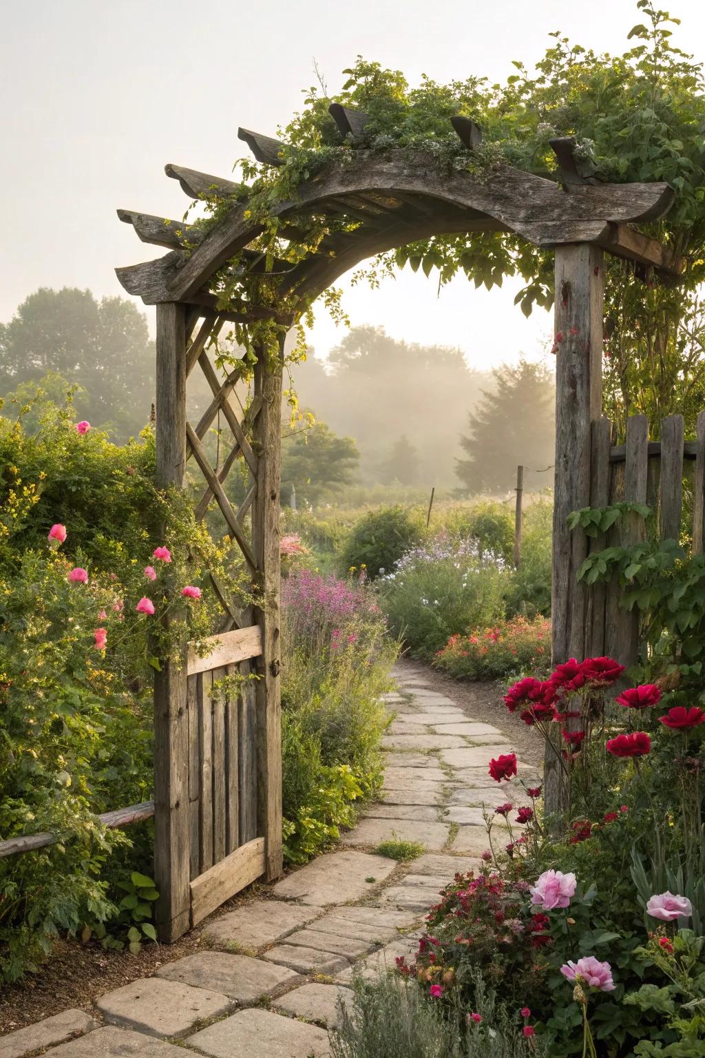 An earthy timber arch imparts enduring charm to any garden path.