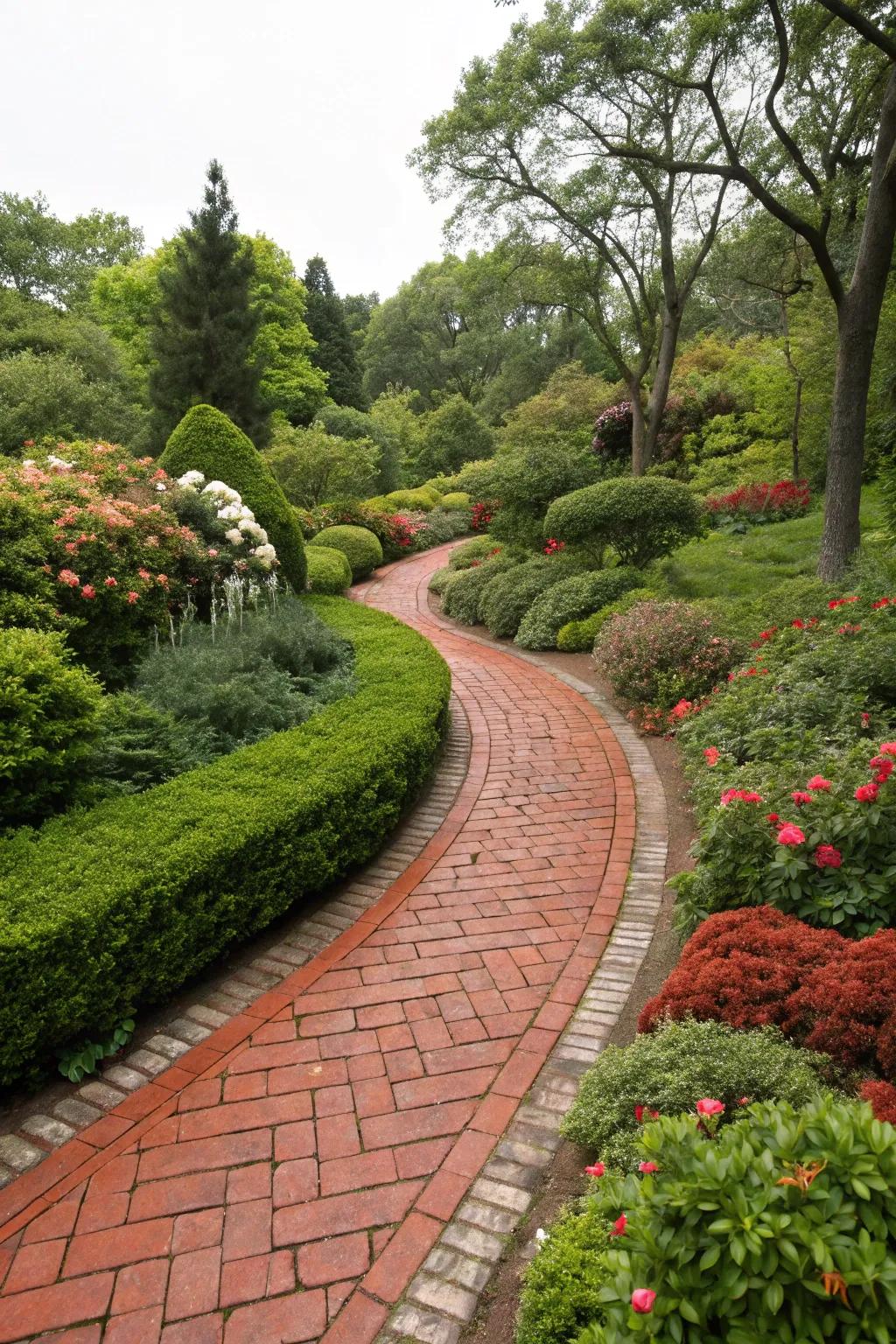 A charming brick walkway meandering through a vibrant garden, perfect for a classic home.