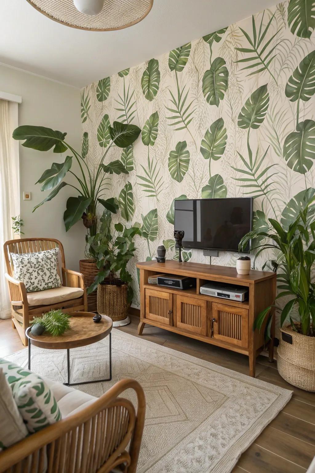 Celebrate nature with botanical wallpaper, creating a revitalizing atmosphere in your living room.