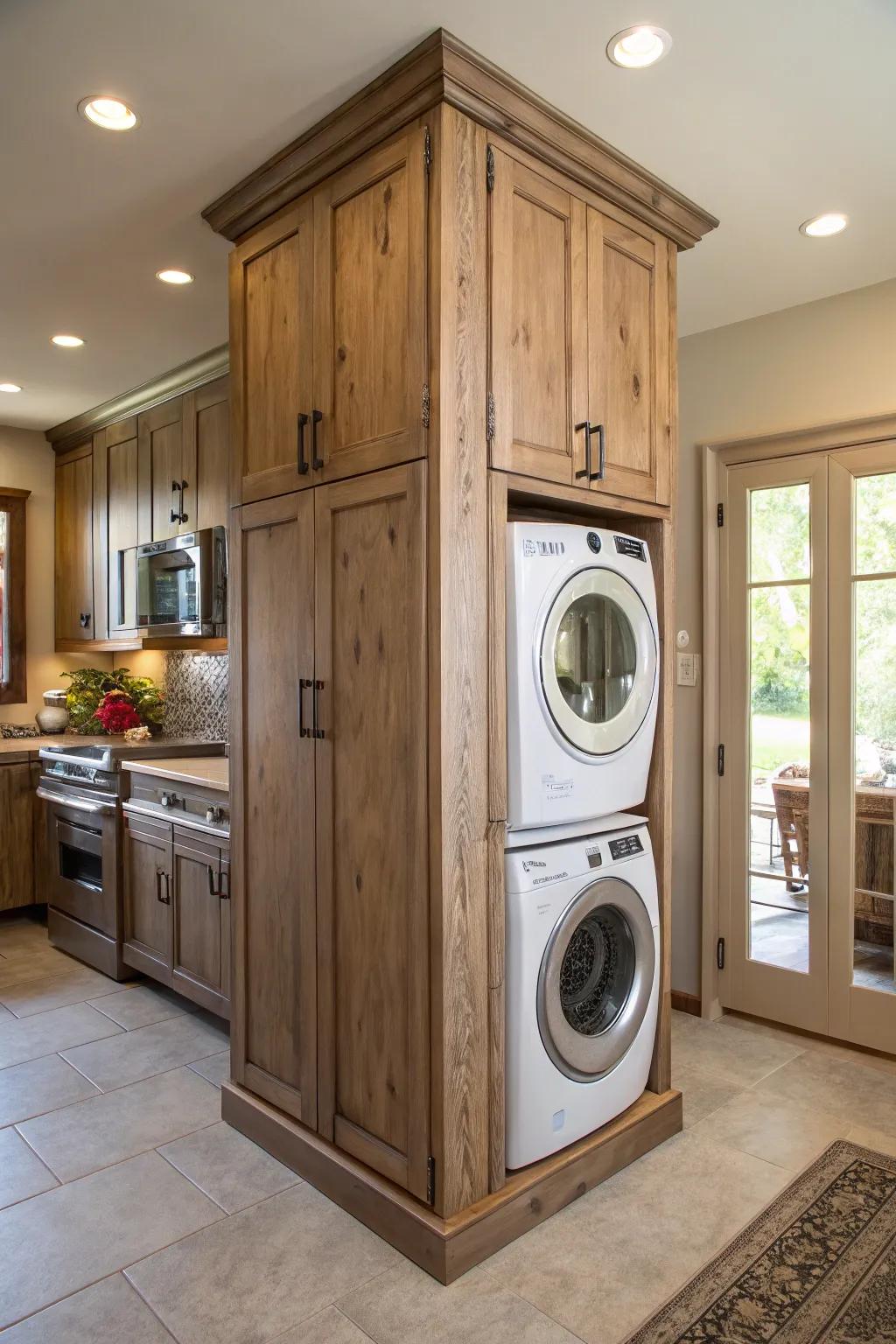 A hidden washer and dryer behind cabinet doors give a pantry illusion.