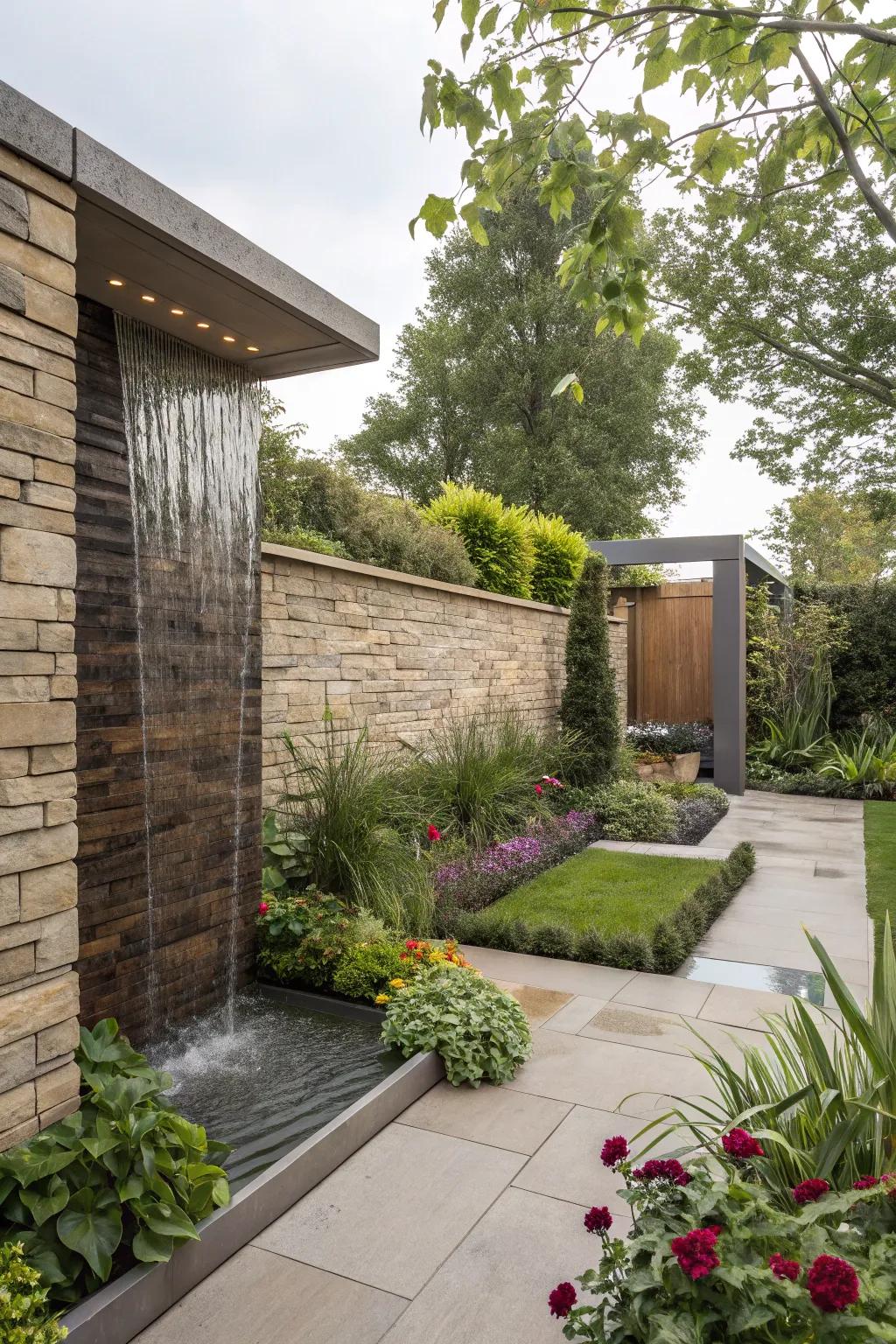 Sleek fountain walls provide a sophisticated and calming vertical element to your garden.