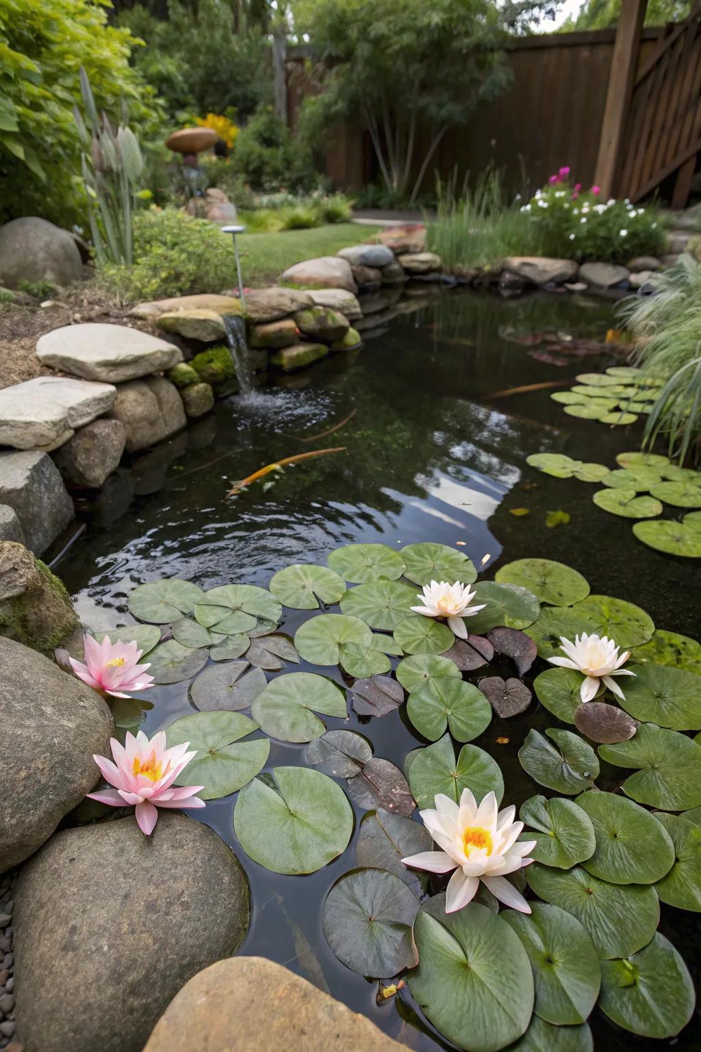 A lily pond in the backyard provides a hint of refinement and peace.