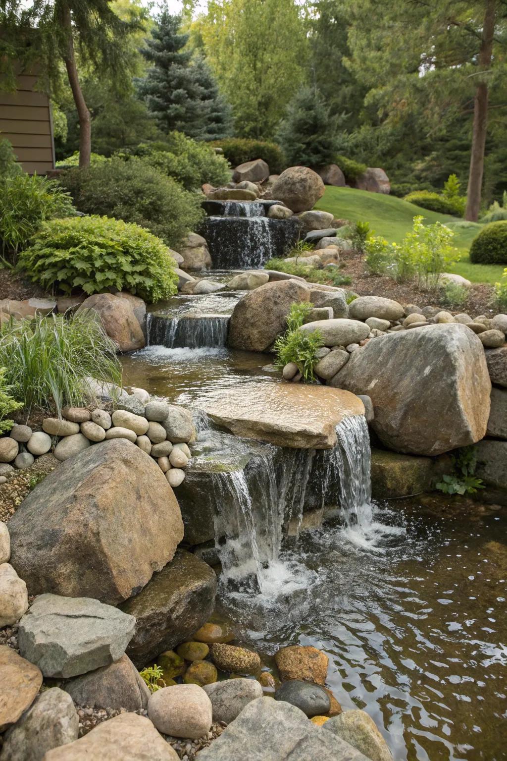A garden waterfall where water dances across a mosaic of natural stones.