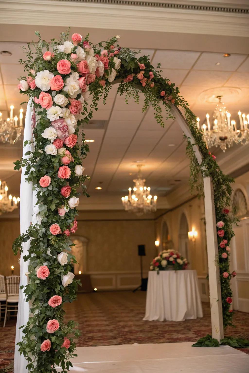 A floral extravaganza with cascading blooms on an indoor wedding arch.