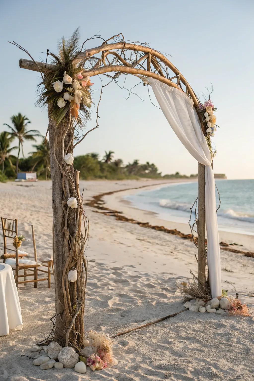 A charming seaside nuptial arch, adorned with seashells and driftwood.