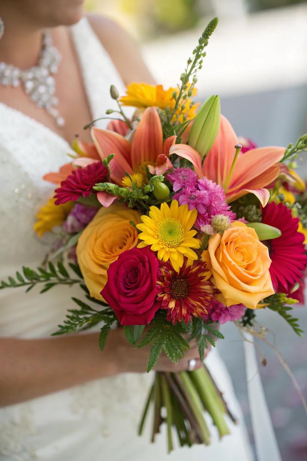 A stunning bridal bouquet that features a harmonious blend of seasonal flowers, perfect for any bride's special day.