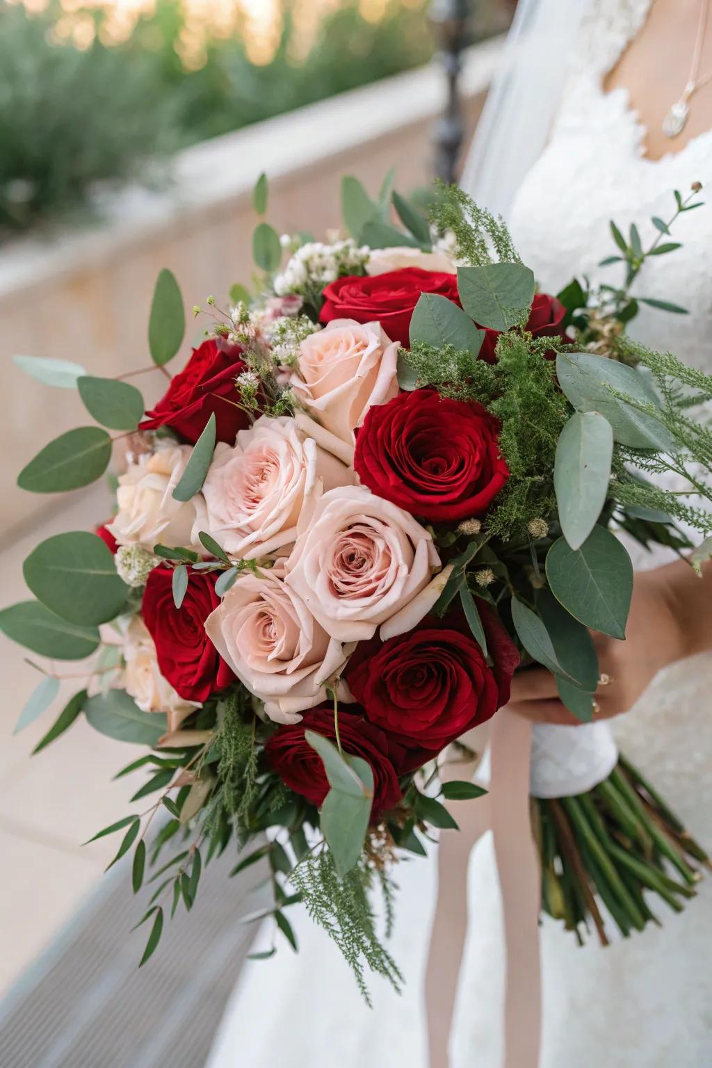 A timeless rose bridal arrangement showcasing red and blush hues.