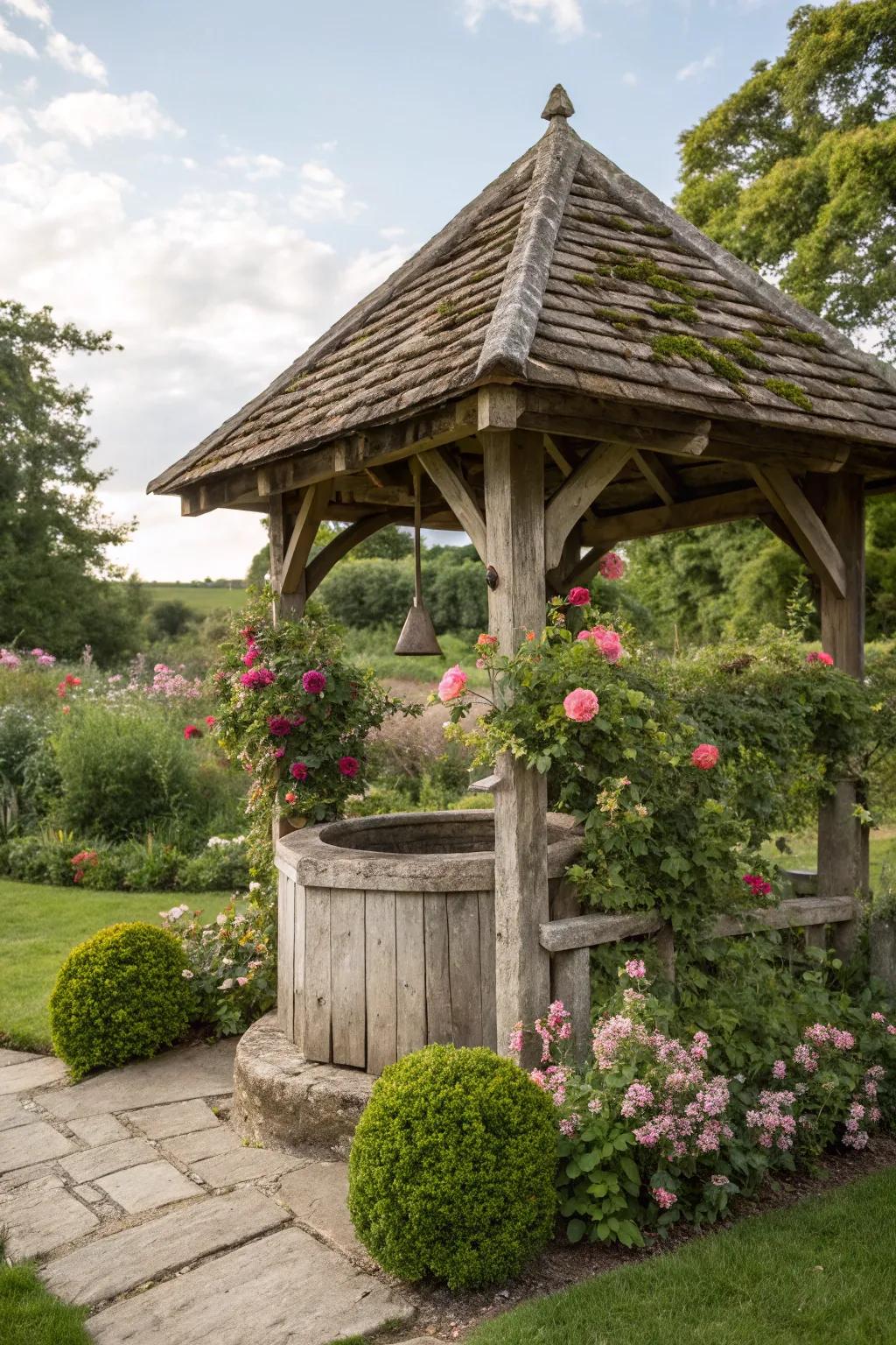A rustic wooden shelter adds charm and elegance to this garden well cover.