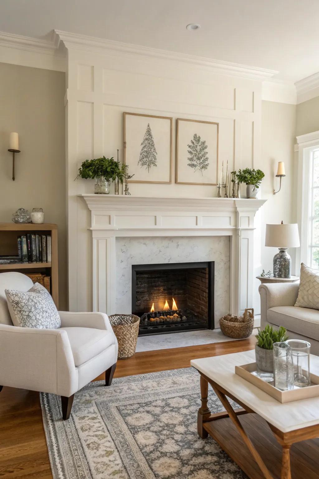 A living room featuring a classic white fireplace that exudes elegance and simplicity.