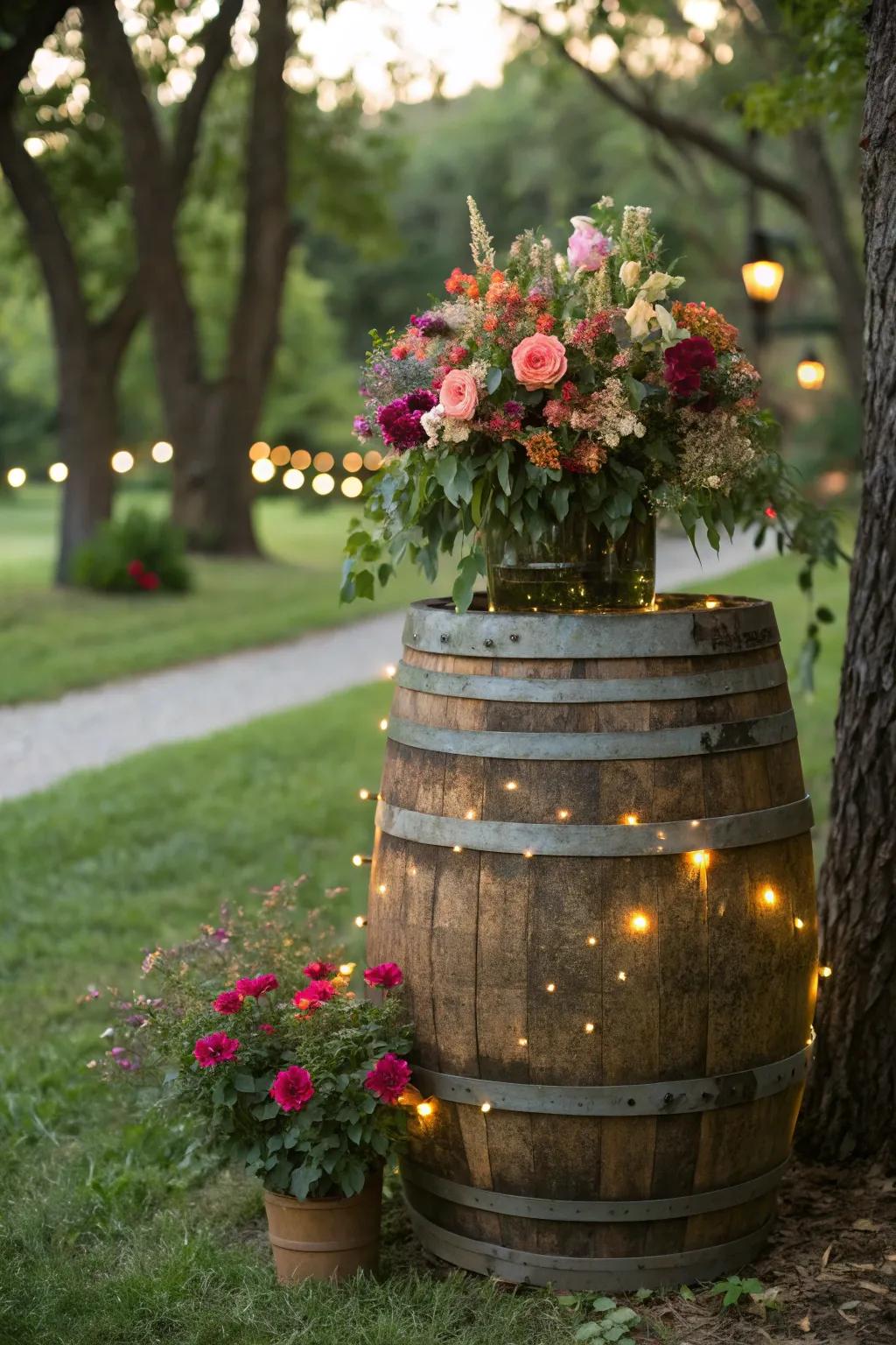 A classic cask planter lavished with fairy lights for a magical impression.