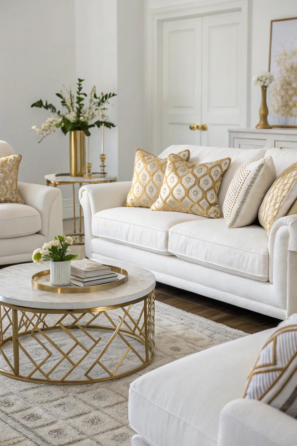 Plush white sofas enhanced with gold accents set the tone for luxury.