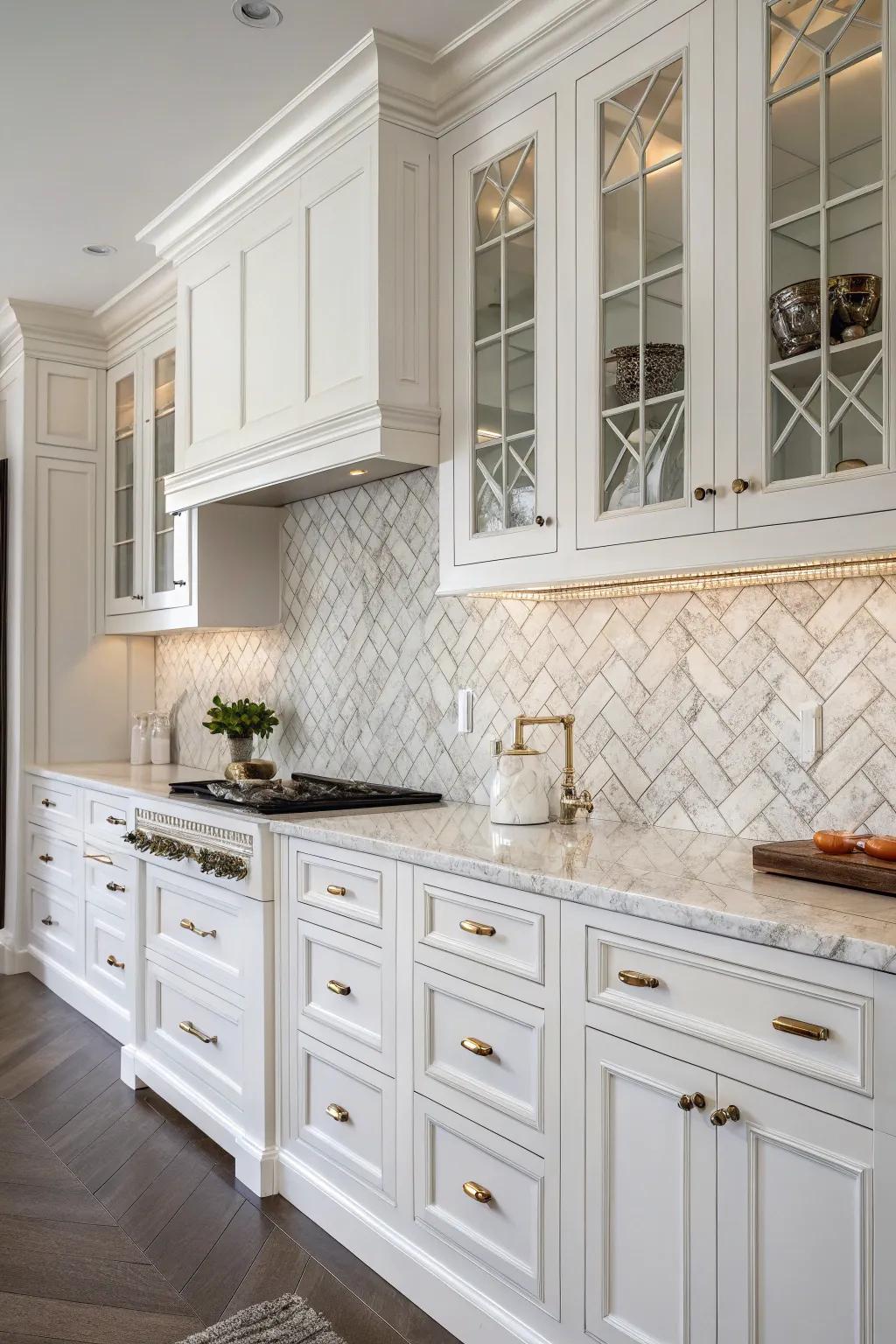 Herringbone marble backsplash imbuing sophistication to the backdrop of white cabinets.