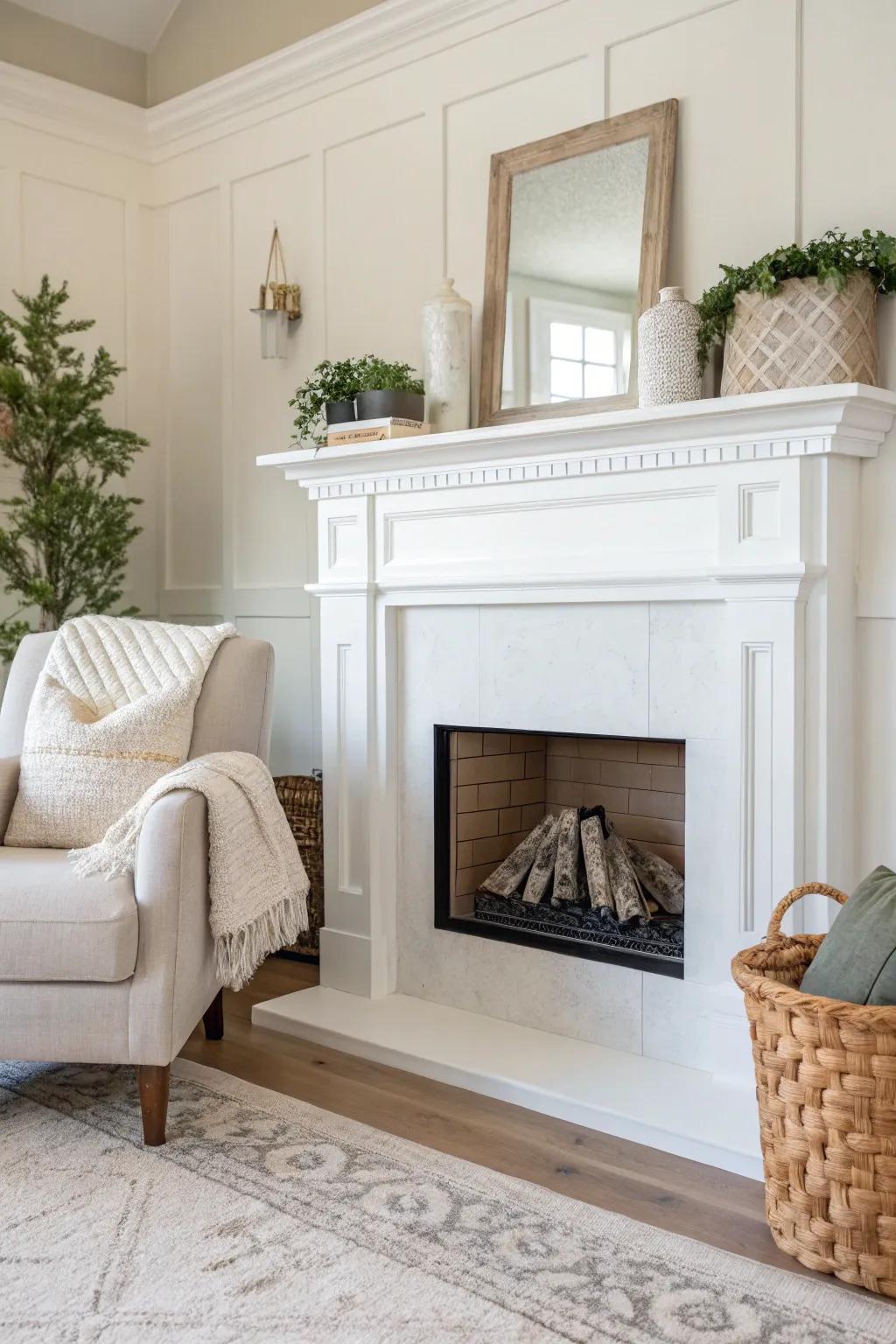 An elegantly simple white fireplace embodying minimalist design values.