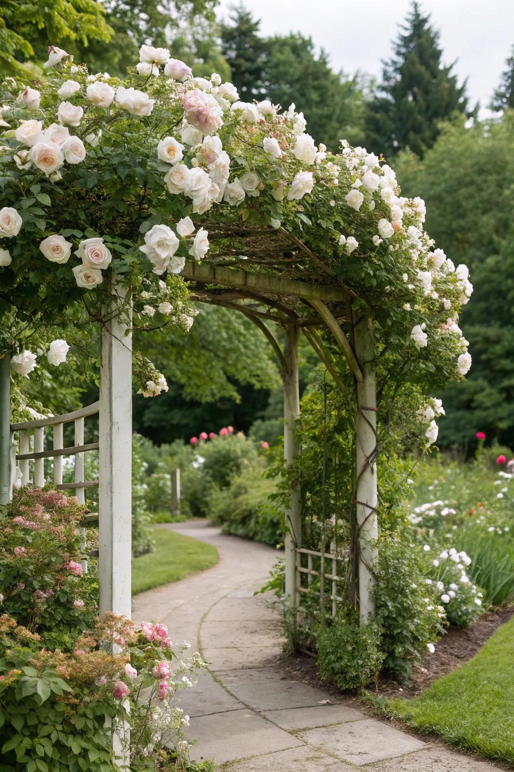 A white rose arbor forms an enchanting centerpiece in any garden.