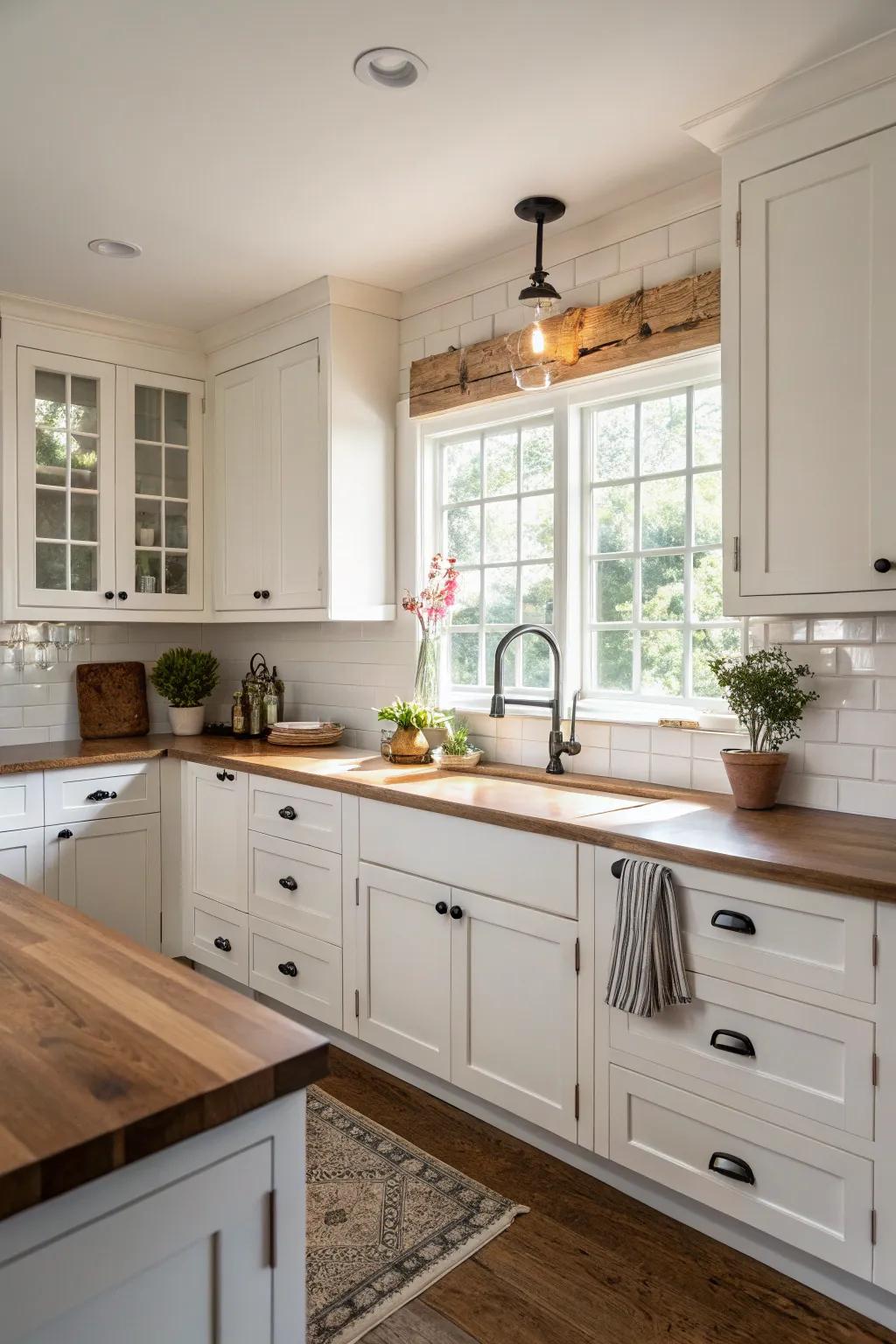Classic white cottage cupboards give this kitchen a timeless vibe.