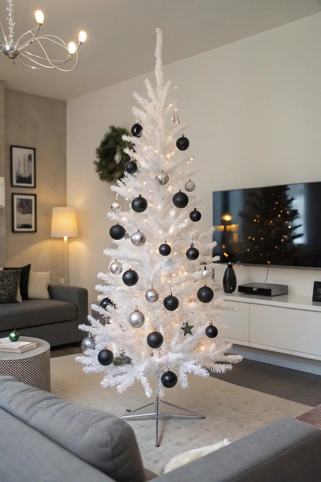 A minimalist monochrome white pencil tree graces a contemporary living space.