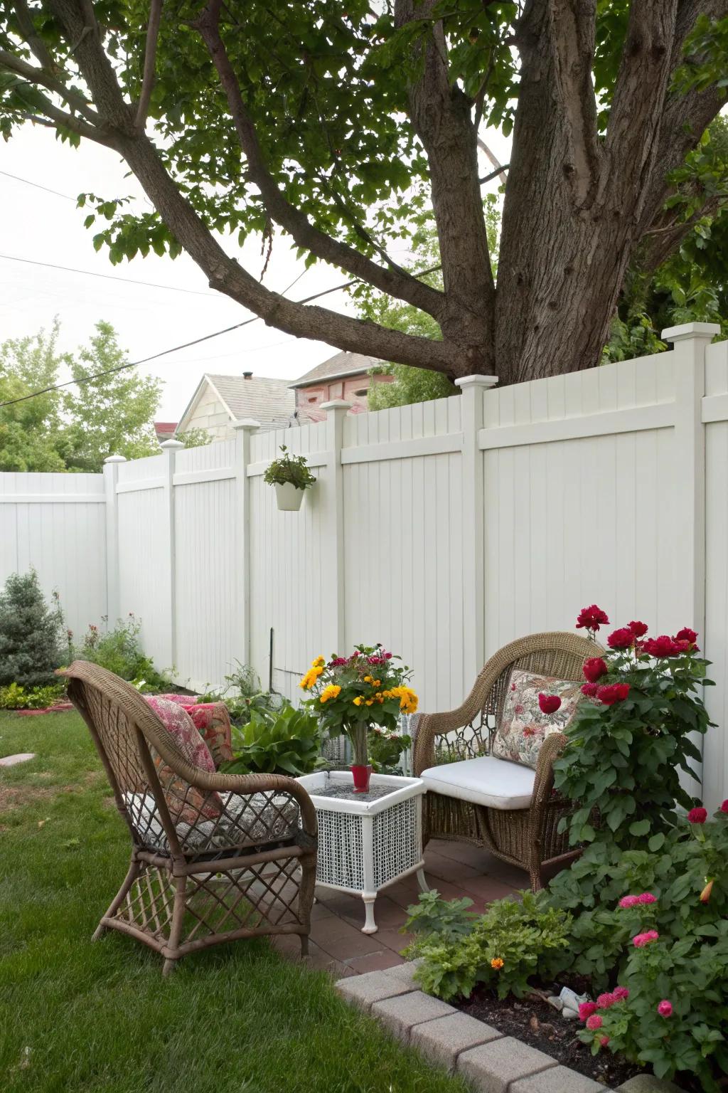 A sturdy white panel barrier fashions the quintessential private alcove within the yard.