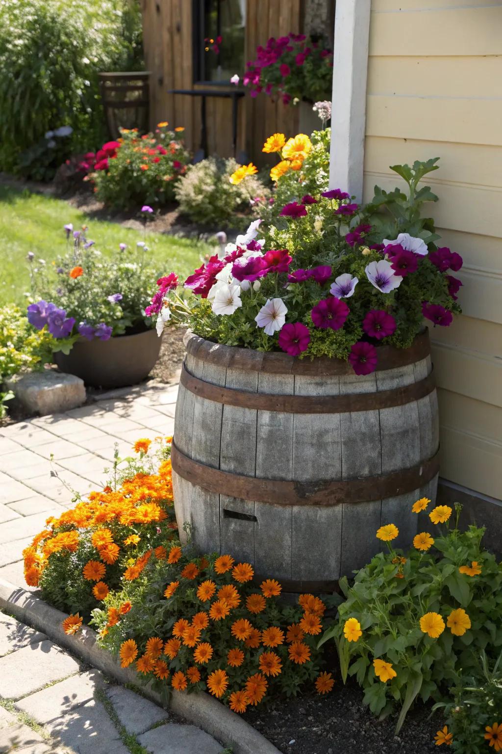 A classic wine barrel overflowing with vibrant flowers.