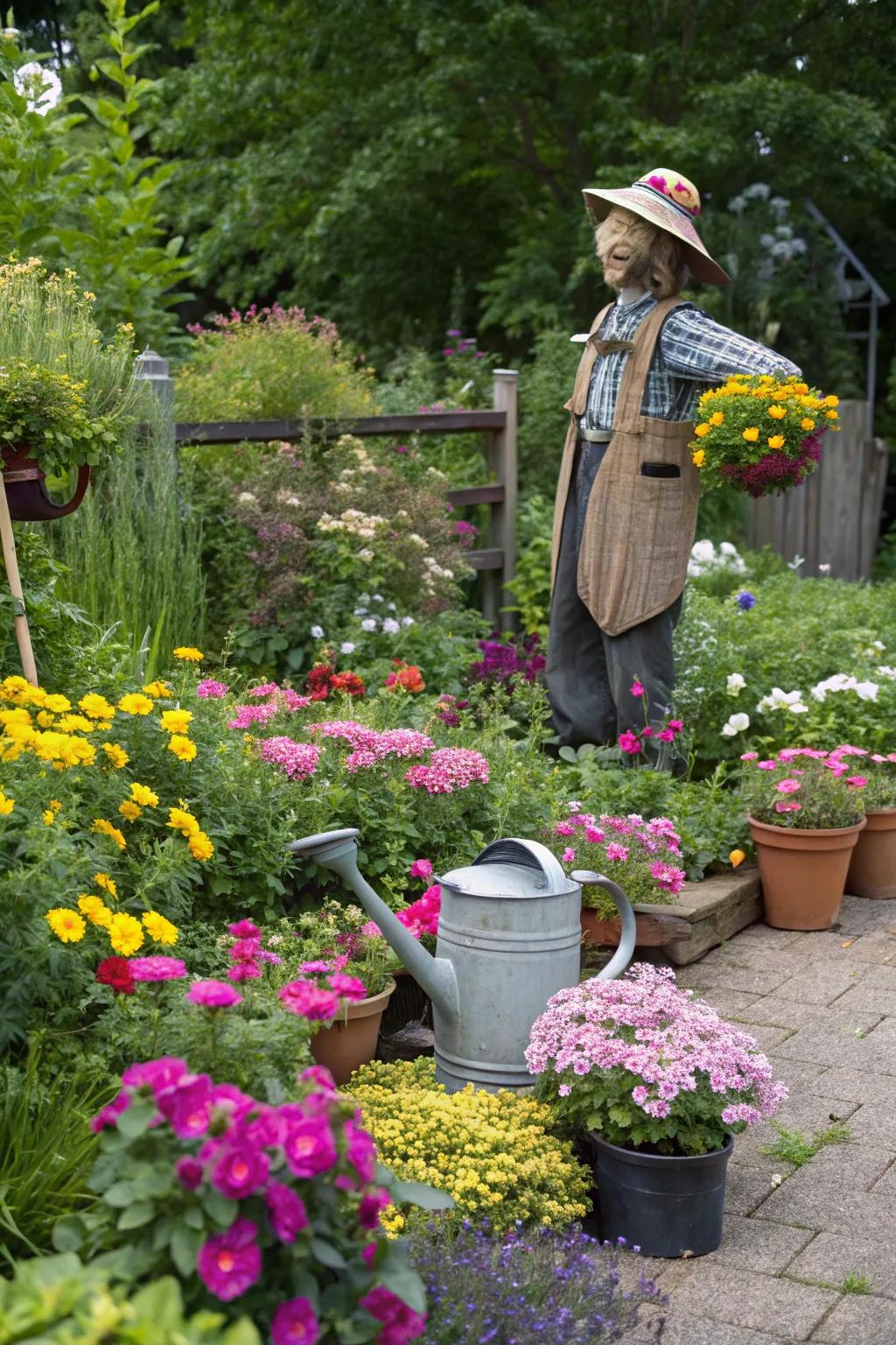 A scarecrow leading a garden party with flowers in full bloom, radiating joy.