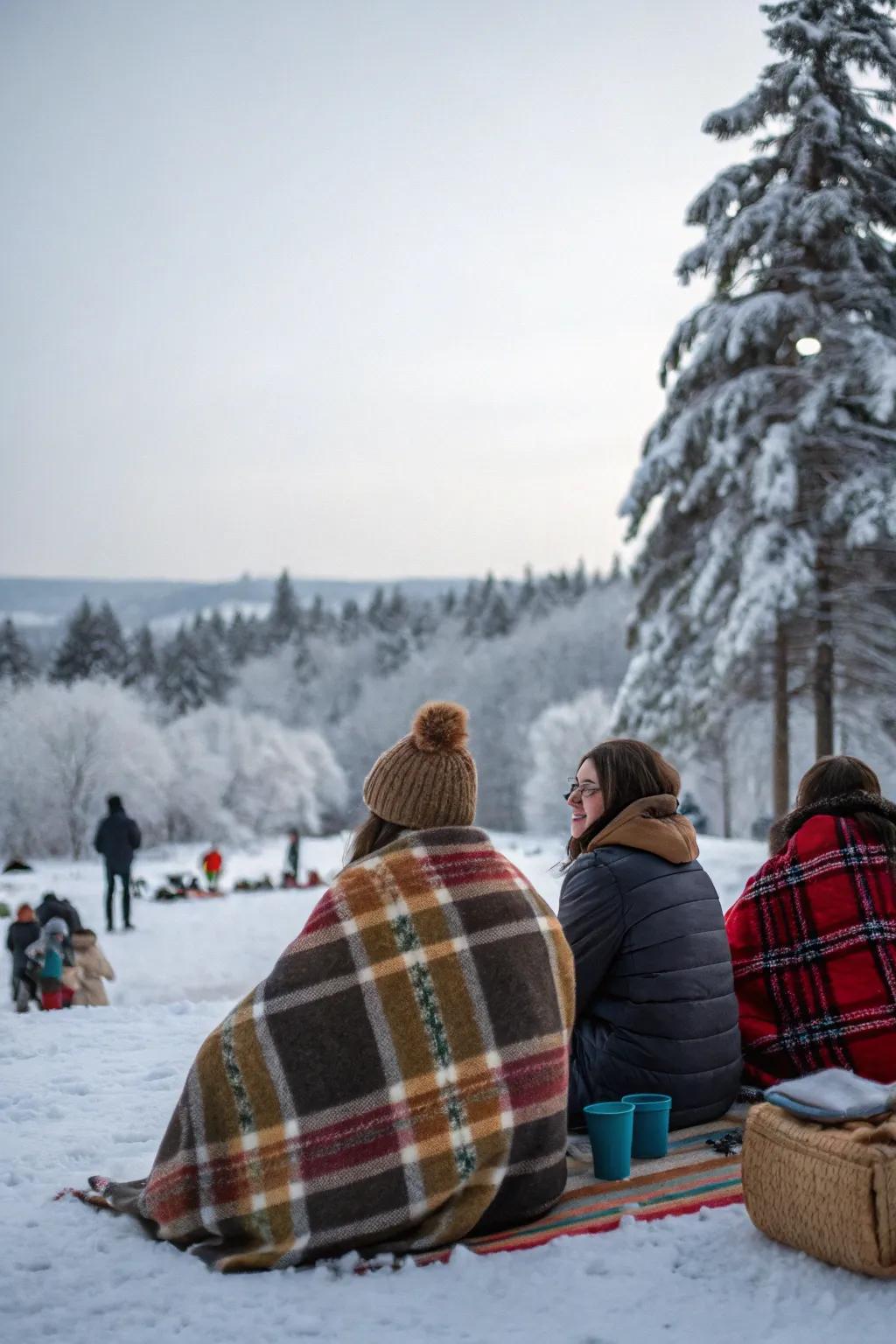 Get close with warm blankets at your winter picnic.